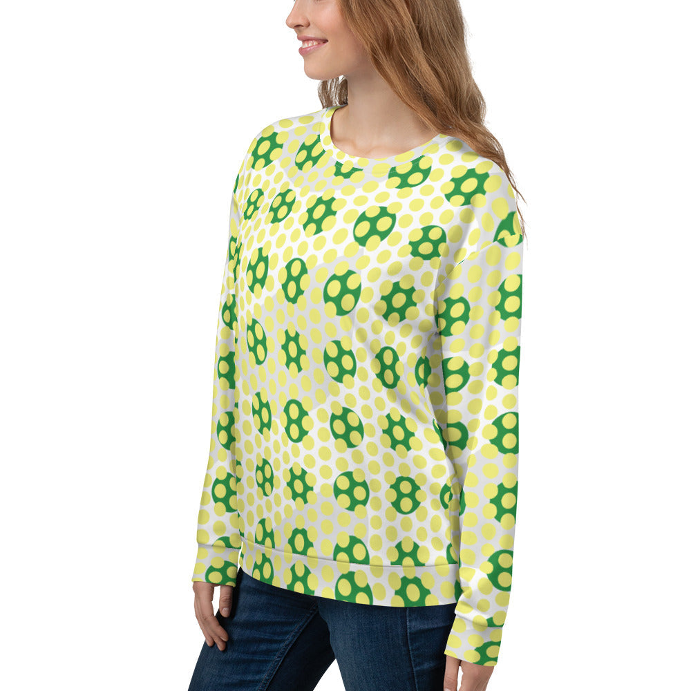 Good Wishes 365 women's recycled sweatshirt featuring a 70s pop art yellow and green geometric pattern