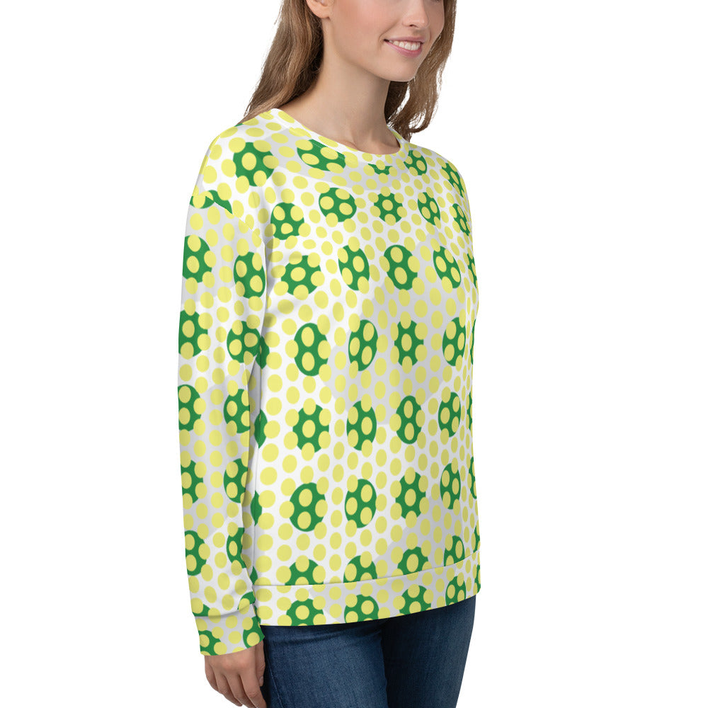 Good Wishes 365 women's recycled sweatshirt with a 70s pop art yellow and green geometric pattern and crew neck