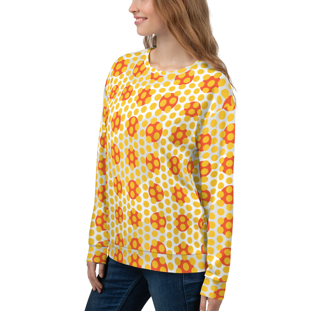 Good Wishes 365 women's yellow and orange 70s pop art geometric print recycled crew neck sweatshirt on a model