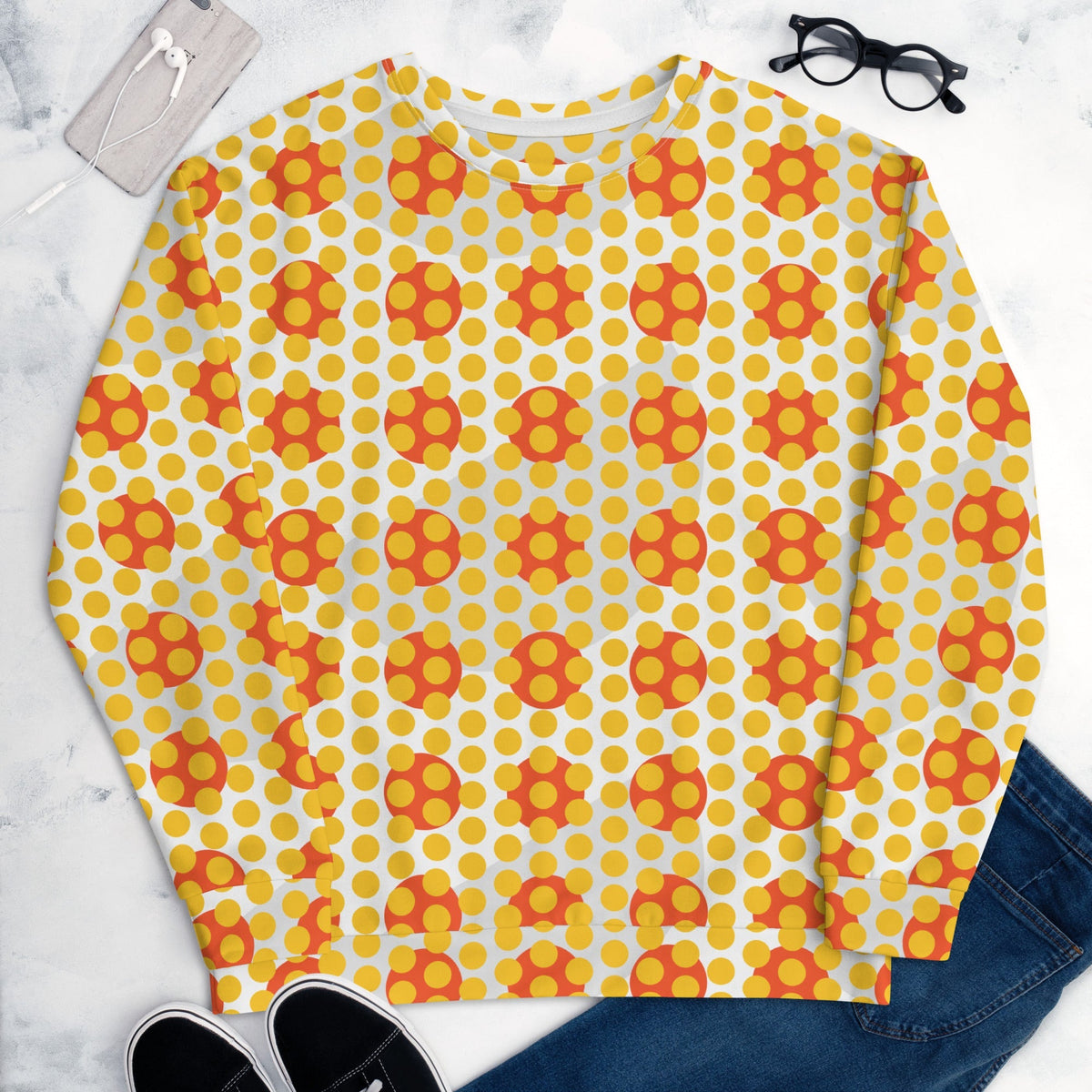 Good Wishes 365 women's recycled crew neck sweatshirt featuring a 70s pop art yellow and orange geometric dot pattern.