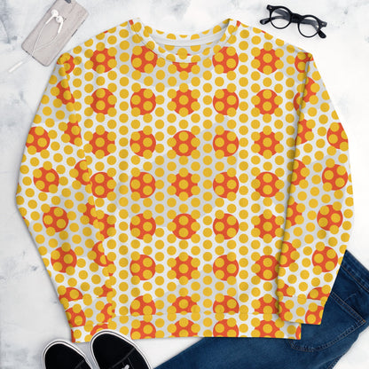 Good Wishes 365 women's recycled crew neck sweatshirt featuring a 70s pop art yellow and orange geometric dot pattern.