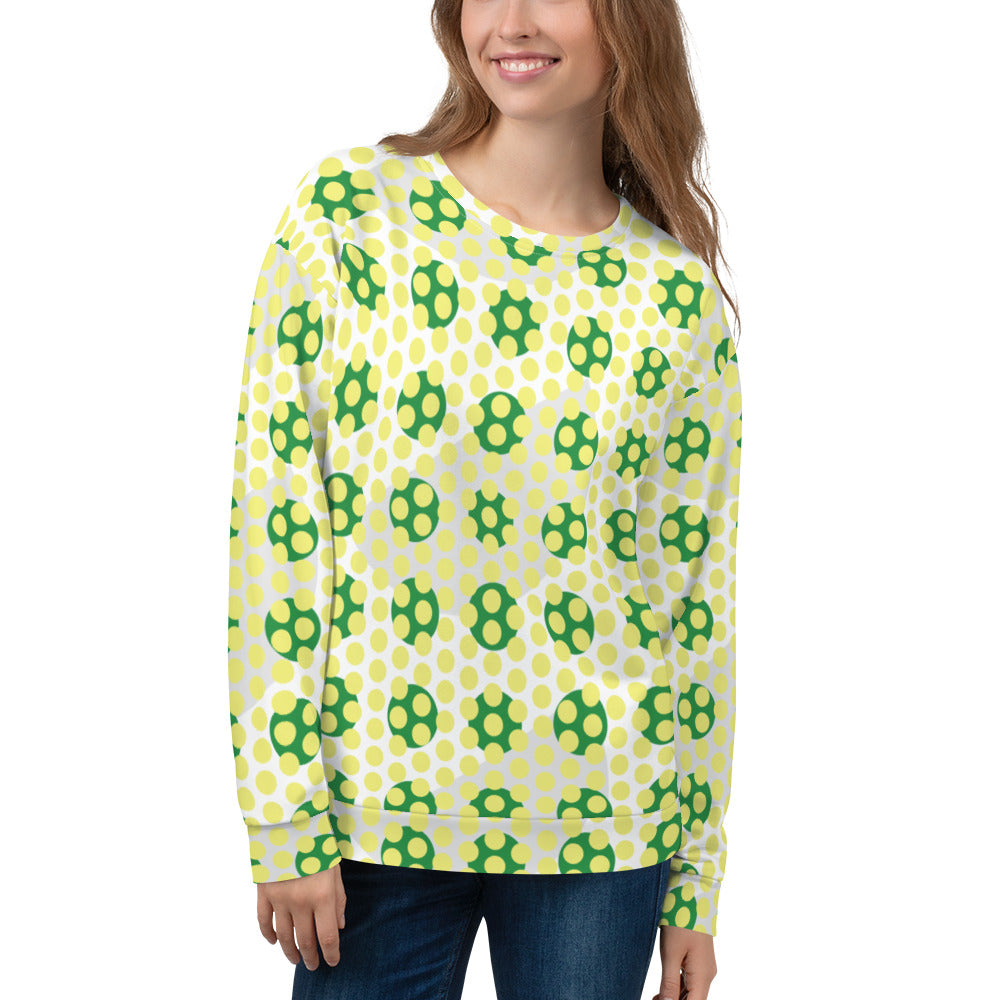 Good Wishes 365 women's recycled sweatshirt with a 70s pop art yellow and green geometric pattern and crew neck.