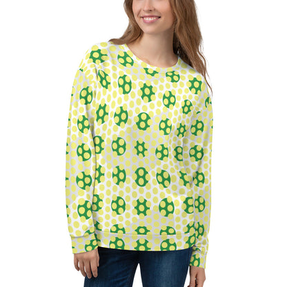 Good Wishes 365 women's recycled sweatshirt with a 70s pop art yellow and green geometric pattern and crew neck.