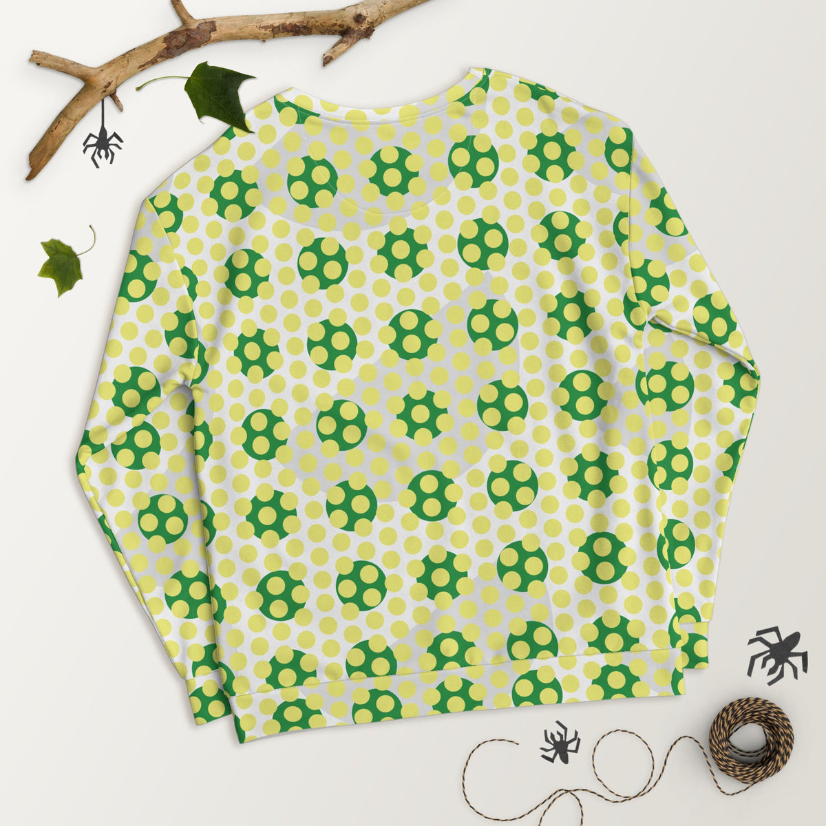 Good Wishes 365 recycled sweatshirt featuring a 70s pop art yellow and green geometric polka dot pattern