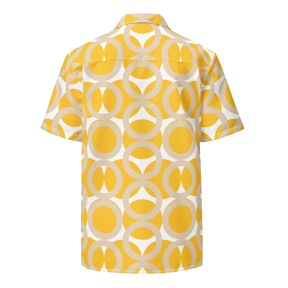 Back view of Good Wishes 365 yellow retro geometric print unisex button shirt with camp collar and short sleeves.