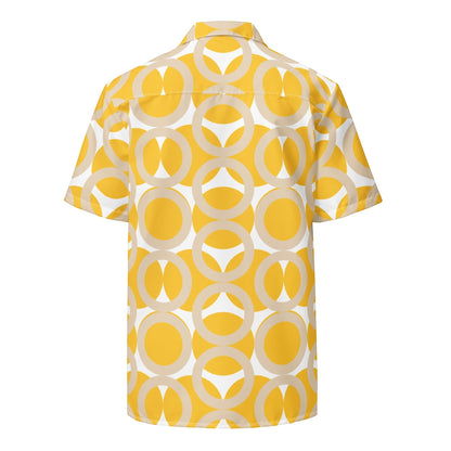 Back view of Good Wishes 365 yellow retro geometric print unisex button shirt with camp collar and short sleeves.
