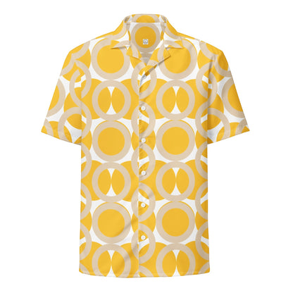 Good Wishes 365 yellow retro geometric print button-up shirt with a camp collar and UPF 50+ sun protection.
