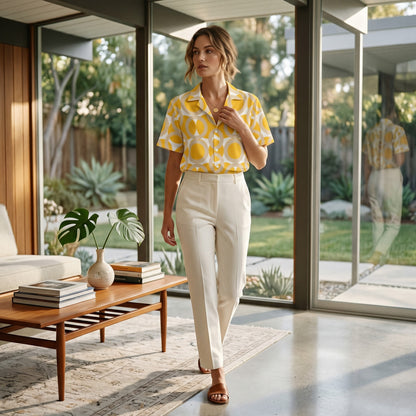 Good Wishes 365 yellow retro geometric print button shirt with camp collar worn by a woman in a modern living room.