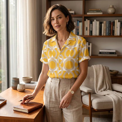 Good Wishes 365 yellow retro geometric print button-up shirt with camp collar worn by a woman in a home office.