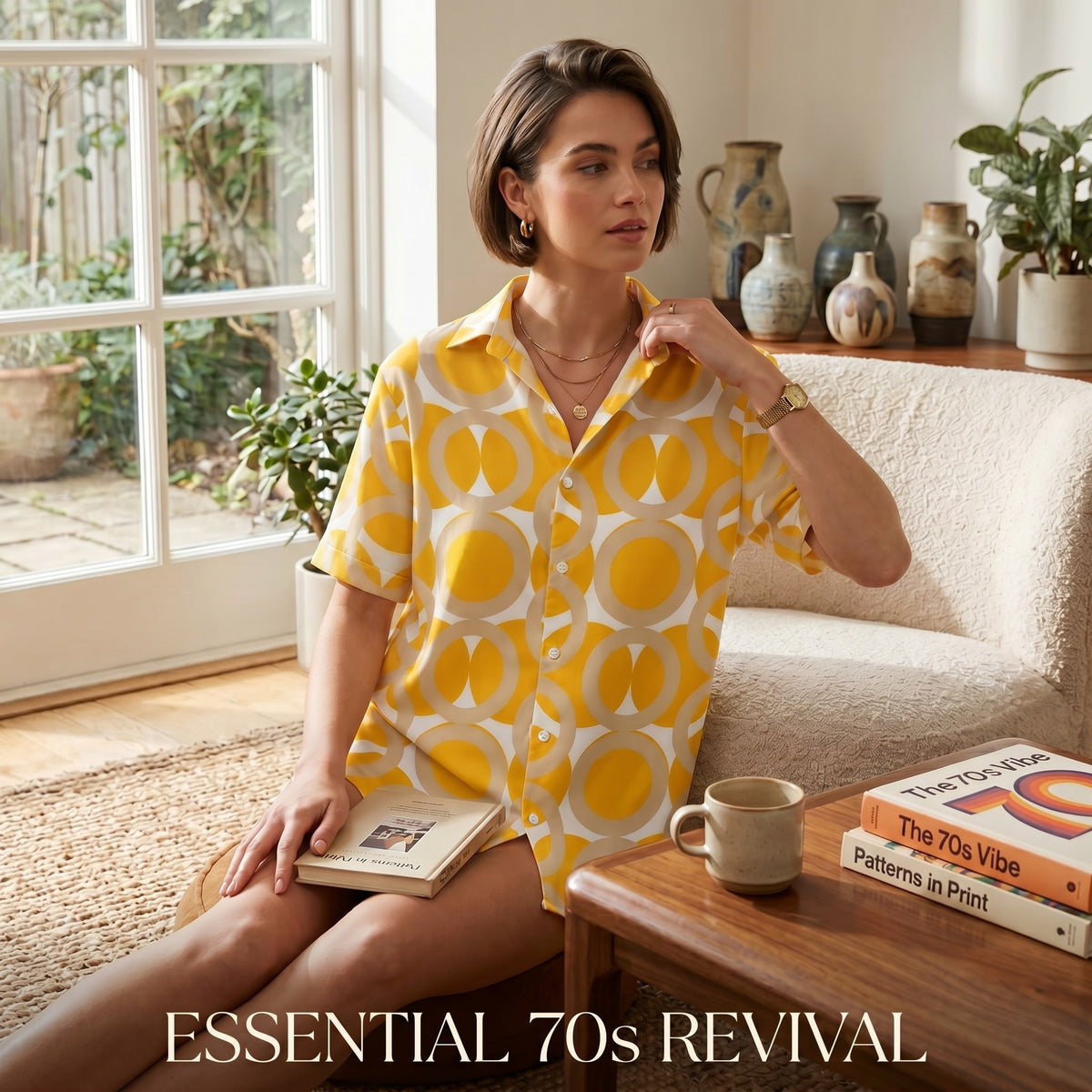 Good Wishes 365 oversized yellow retro geometric button shirt with UPF 50+ protection worn by a woman in a sunlit room