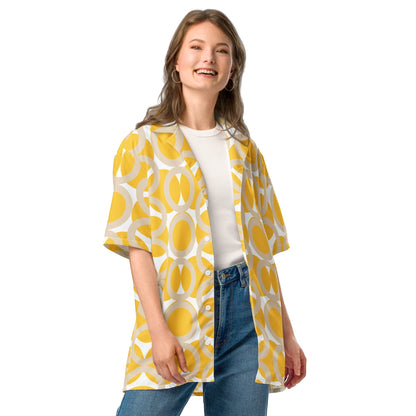 Good Wishes 365 yellow retro geometric print unisex button shirt with camp collar and UPF 50+ sun protection