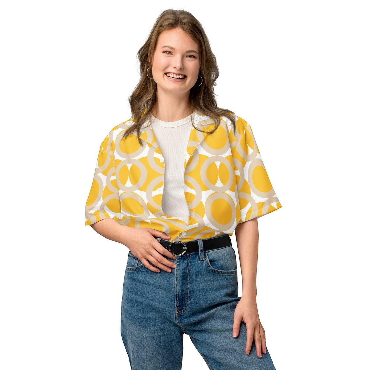 Good Wishes 365 yellow retro geometric print button-up shirt with camp collar worn by a smiling woman in blue jeans.