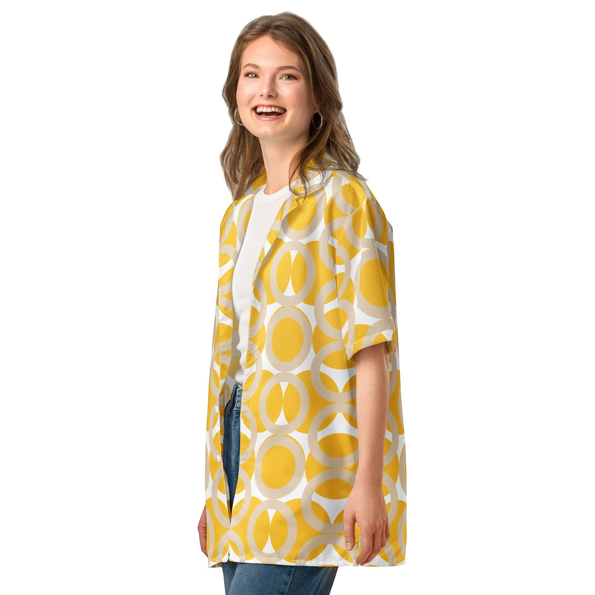 Good Wishes 365 yellow and white geometric print unisex button-up shirt with camp collar and UPF 50+ sun protection.
