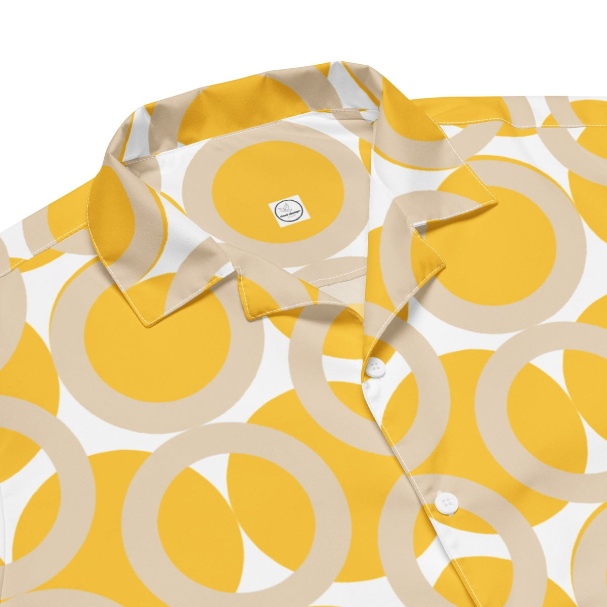 Good Wishes 365 yellow and beige retro geometric circle print unisex button-down shirt with a classic camp collar.