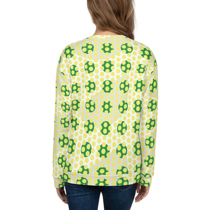 Good Wishes 365 women's recycled sweatshirt with a yellow and green 70s pop art geometric print, back view.