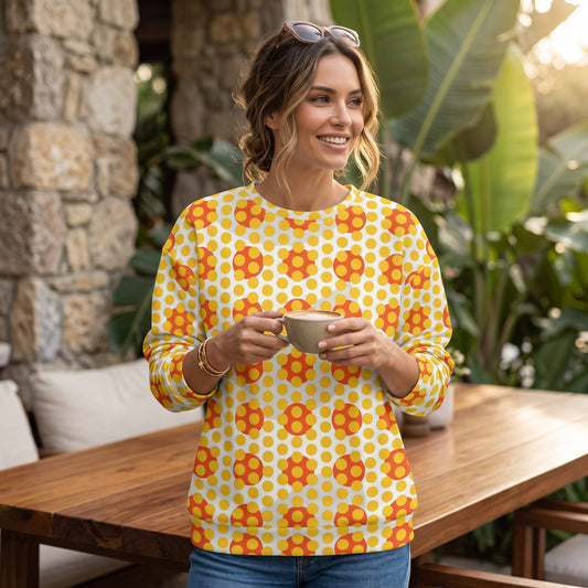 Good Wishes 365 yellow and orange geometric pop art sweatshirt with a crew neck, worn by a woman holding a coffee cup.