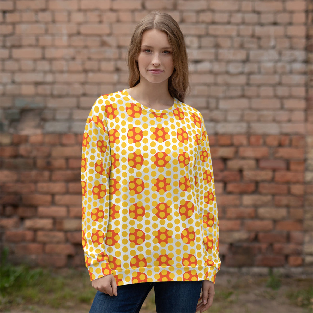 Good Wishes 365 women's recycled sweatshirt with yellow and orange 70s pop art geometric print and crew neck