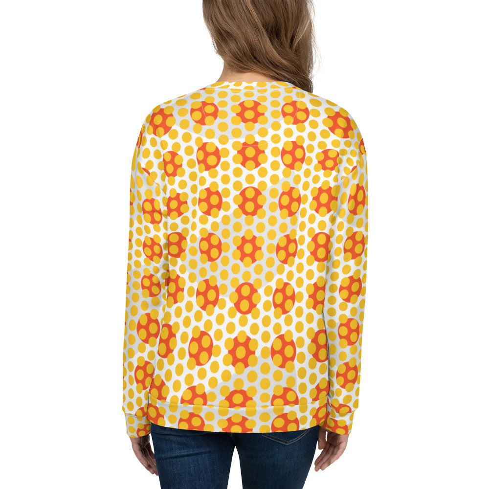 Good Wishes 365 women's recycled sweatshirt featuring a yellow and orange 70s pop art geometric pattern, back view.