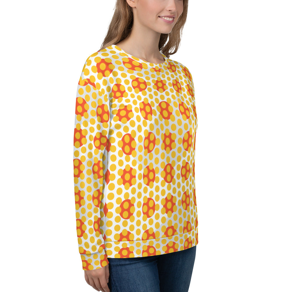 Good Wishes 365 women's recycled sweatshirt featuring a 70s pop art yellow and orange geometric polka dot pattern