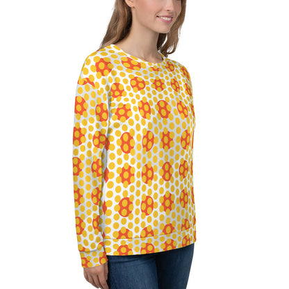 Good Wishes 365 women's recycled sweatshirt featuring a 70s pop art yellow and orange geometric polka dot pattern