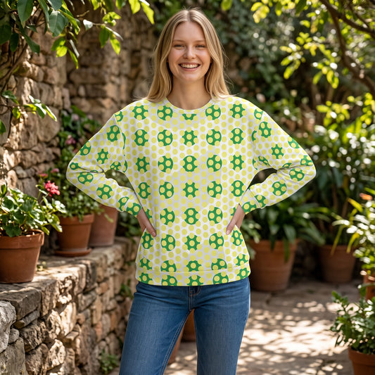 Good Wishes 365 recycled sweatshirt with yellow and green 70s pop art geometric print worn by a smiling woman