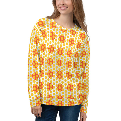 Good Wishes 365 women's recycled sweatshirt featuring a 70s pop art yellow and orange geometric pattern
