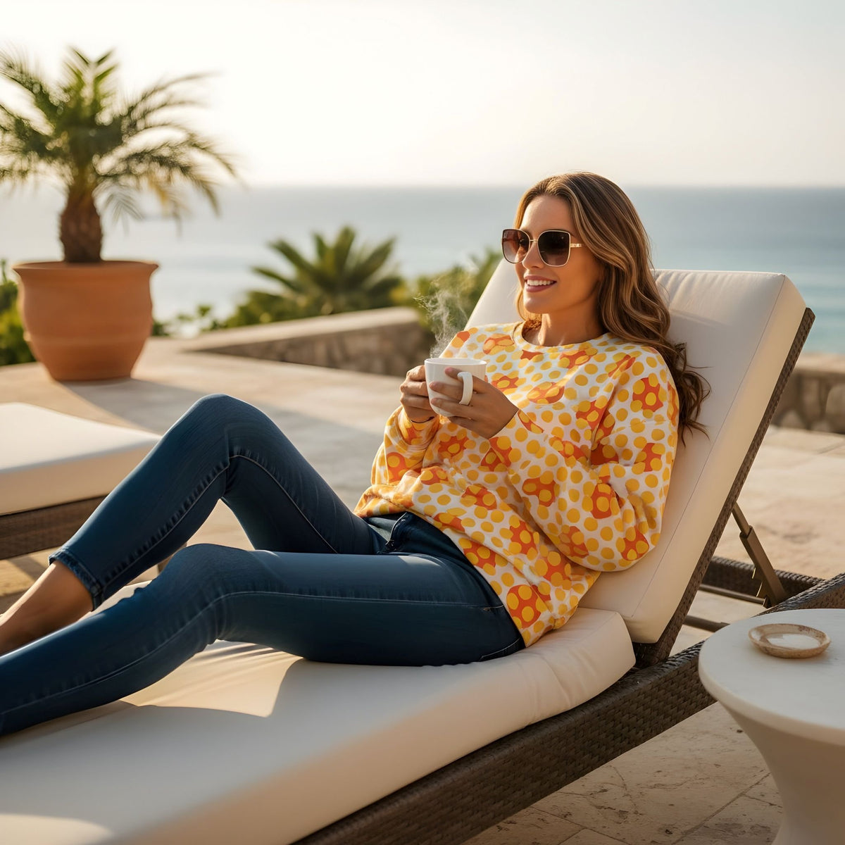 Good Wishes 365 yellow geometric print recycled sweatshirt worn by a woman relaxing on a lounge chair with coffee.