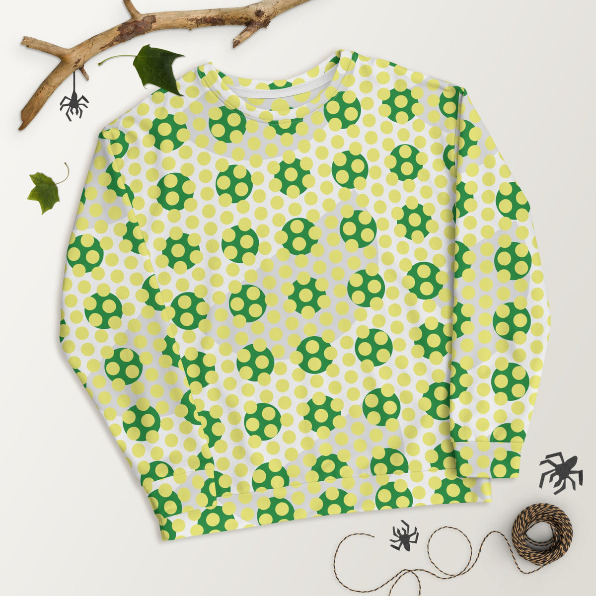 Good Wishes 365 women's recycled sweatshirt with a 70s pop art geometric print in vibrant yellow and green
