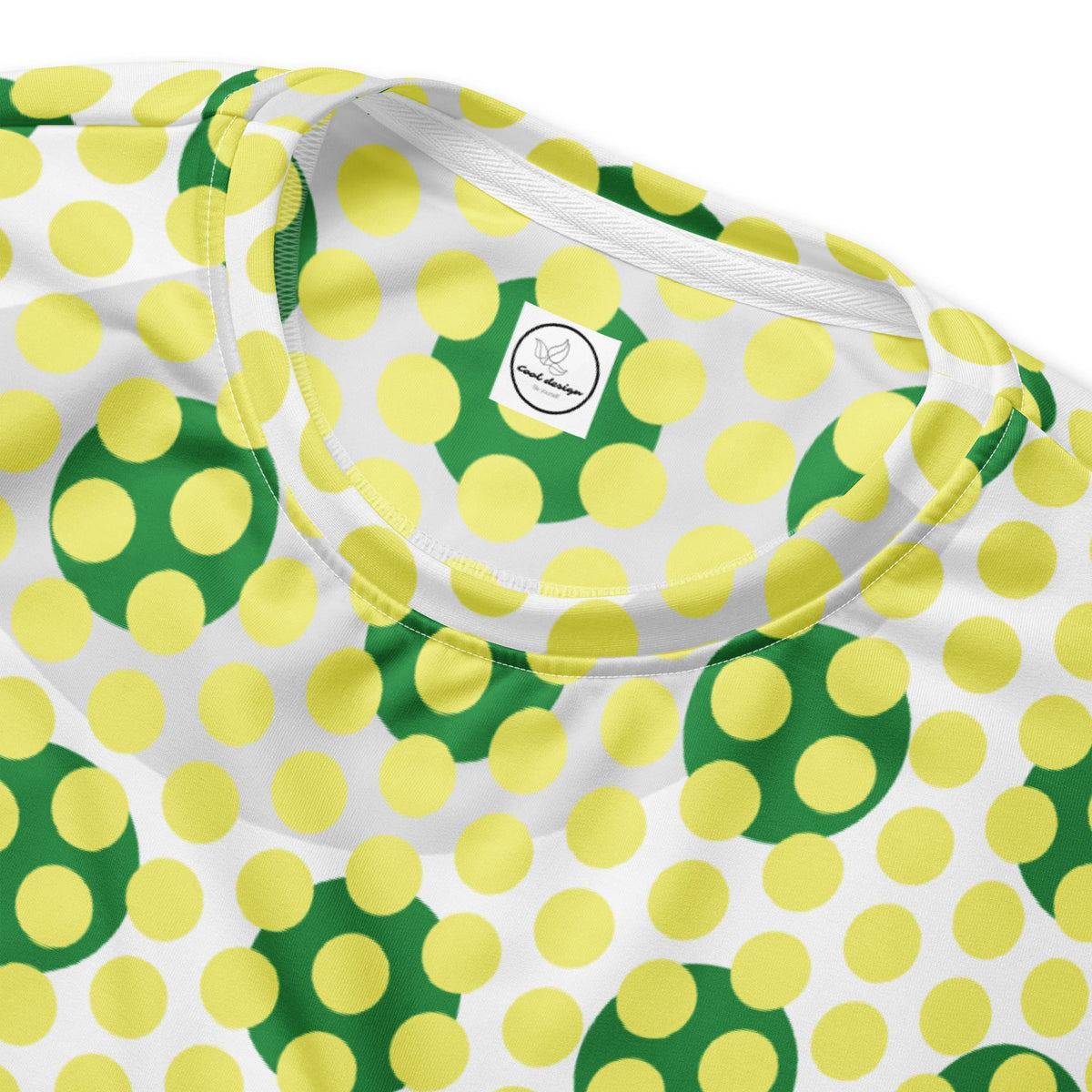 Good Wishes 365 recycled sweatshirt featuring a 70s pop art yellow and green geometric polka dot pattern