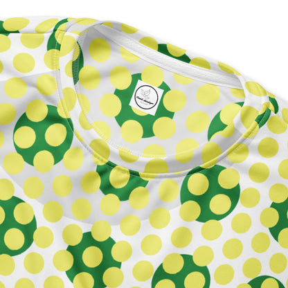 Good Wishes 365 recycled sweatshirt featuring a 70s pop art yellow and green geometric polka dot pattern