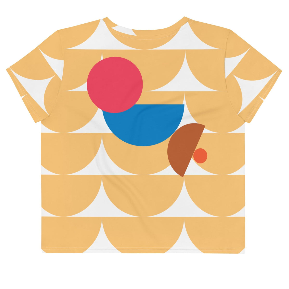 Good Wishes 365 yellow crop tee with a retro geometric mushroom graphic in blue, red, and terracotta.