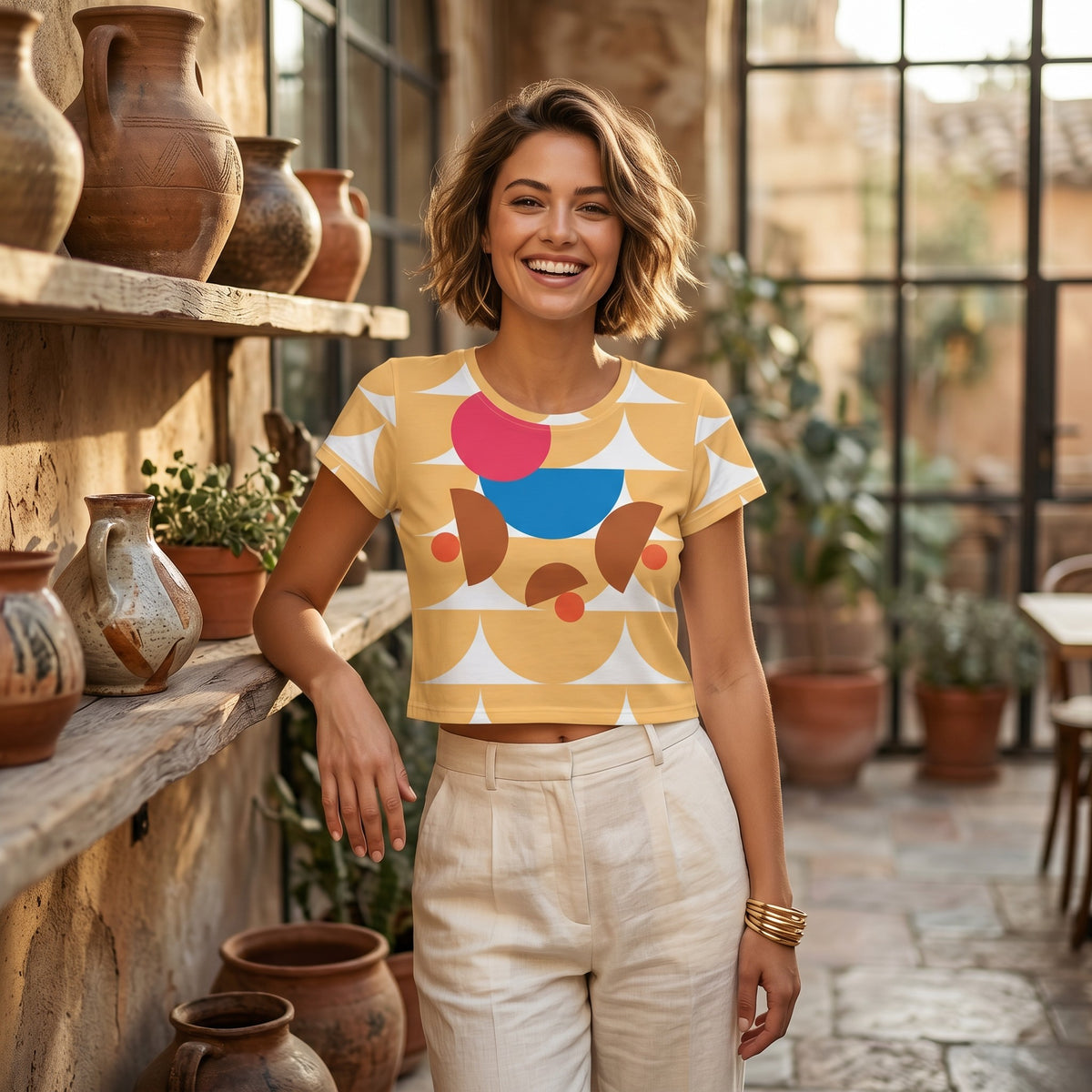 A woman wearing a Good Wishes 365 yellow crop tee with a geometric mushroom graphic in a sunlit rustic room.