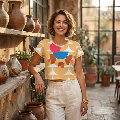 A woman wearing a Good Wishes 365 yellow crop tee with a geometric mushroom graphic in a sunlit rustic room.