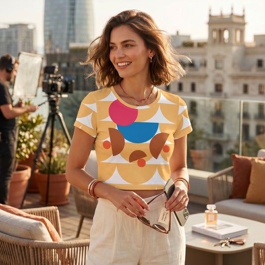 Good Wishes 365 yellow crop tee with geometric mushroom graphic worn by a smiling woman on a sunny rooftop terrace.