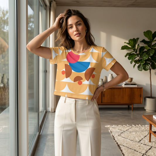 Good Wishes 365 yellow crop tee with geometric mushroom graphic print worn by a woman in a bright modern living room