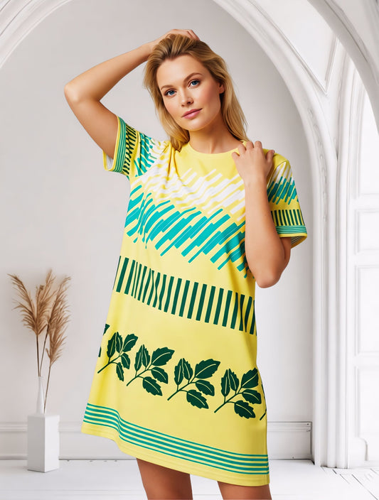 Good Wishes 365 yellow t-shirt dress with green leaf print and abstract geometric patterns. Oversize fit.