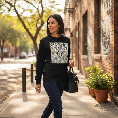 Good Wishes 365 black organic cotton unisex sweatshirt with a geometric abstract print in pastel blue, pink, gold, and black.