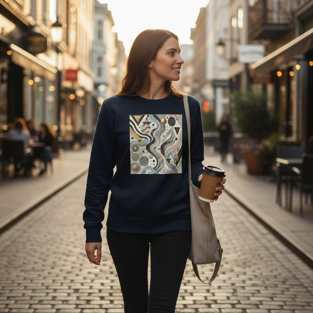 Good Wishes 365 navy blue organic cotton unisex sweatshirt with abstract geometric print in pastel colors and gold accents.