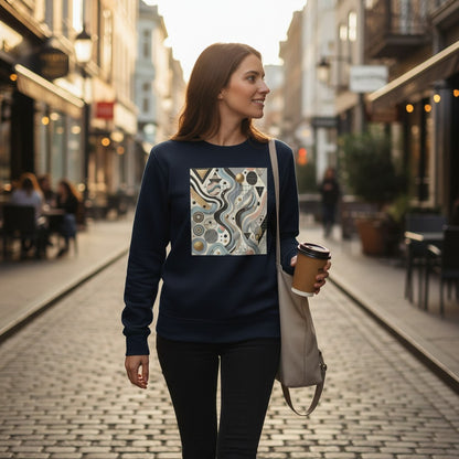 Good Wishes 365 navy blue organic cotton unisex sweatshirt with abstract geometric print in pastel colors and gold accents.