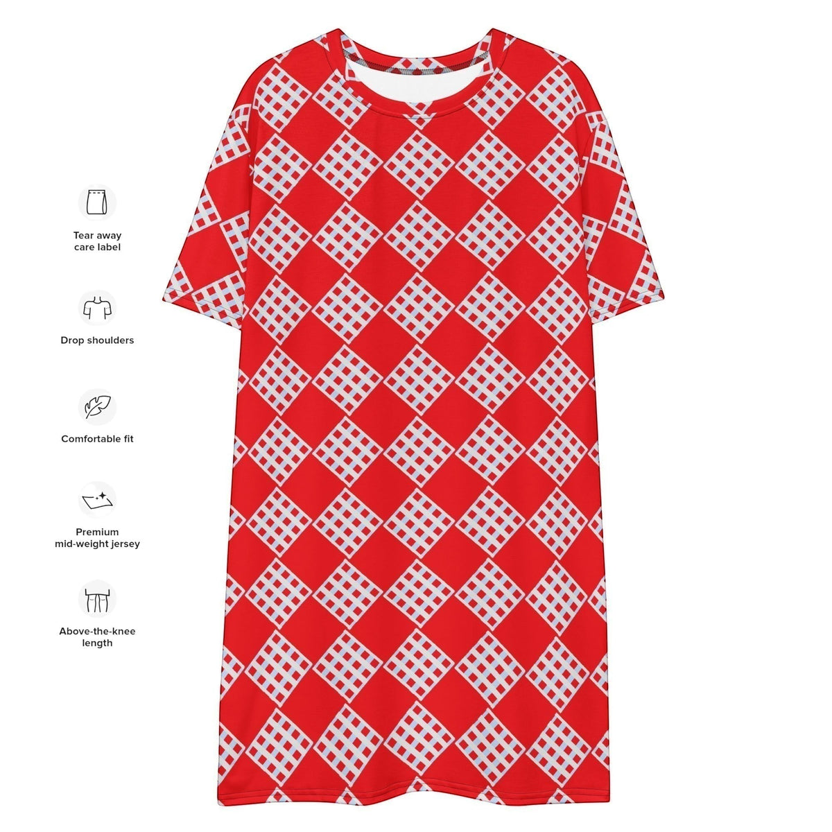 Good Wishes 365 Women's red and white diamond pattern all-over print t-shirt dress, jersey fabric, relaxed fit, above the knee, front view