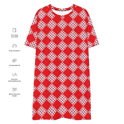 Good Wishes 365 Women's red and white diamond pattern all-over print t-shirt dress, jersey fabric, relaxed fit, above the knee, front view