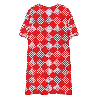 Good Wishes 365 Women's red and white diamond pattern all-over print t-shirt dress, jersey fabric, relaxed fit, above the knee, flat back view.