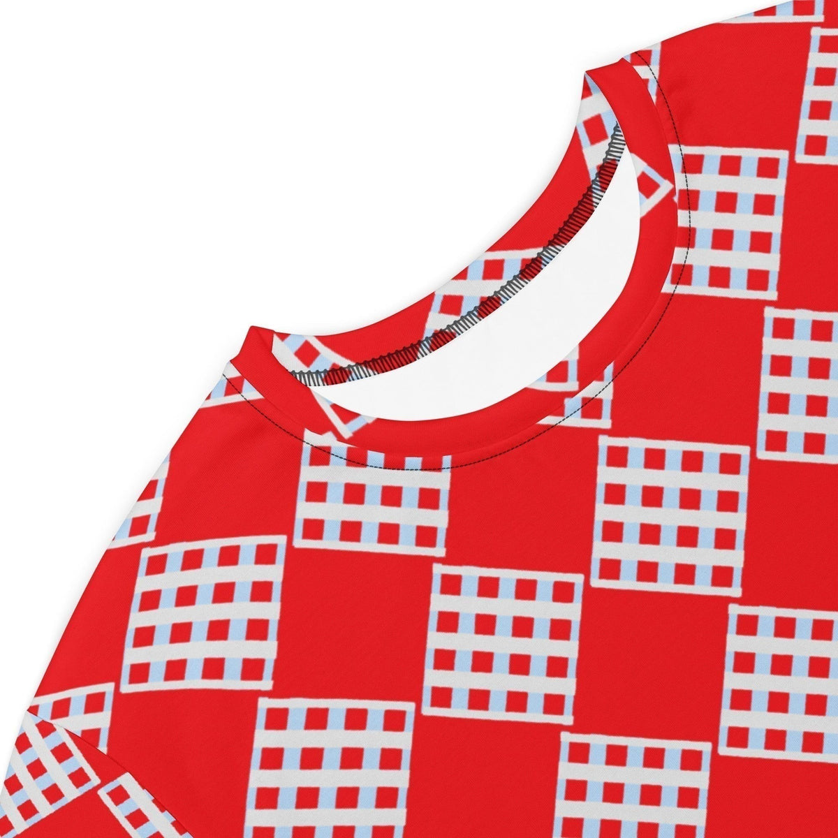 Good Wishes 365 Women's red and white diamond pattern all-over print t-shirt dress, jersey fabric, relaxed fit, above the knee, detail.