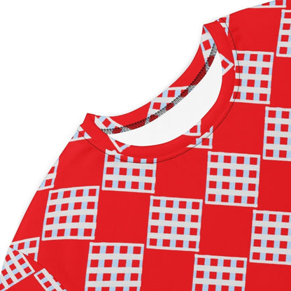Good Wishes 365 Women's red and white diamond pattern all-over print t-shirt dress, jersey fabric, relaxed fit, above the knee, detail.