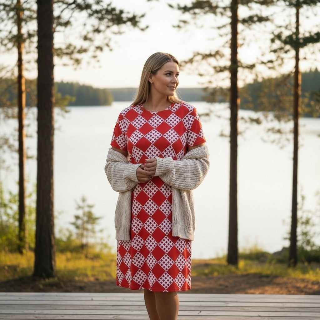 Good Wishes 365 Women's red and white diamond pattern t-shirt dress with drop shoulders and relaxed fit, front view.