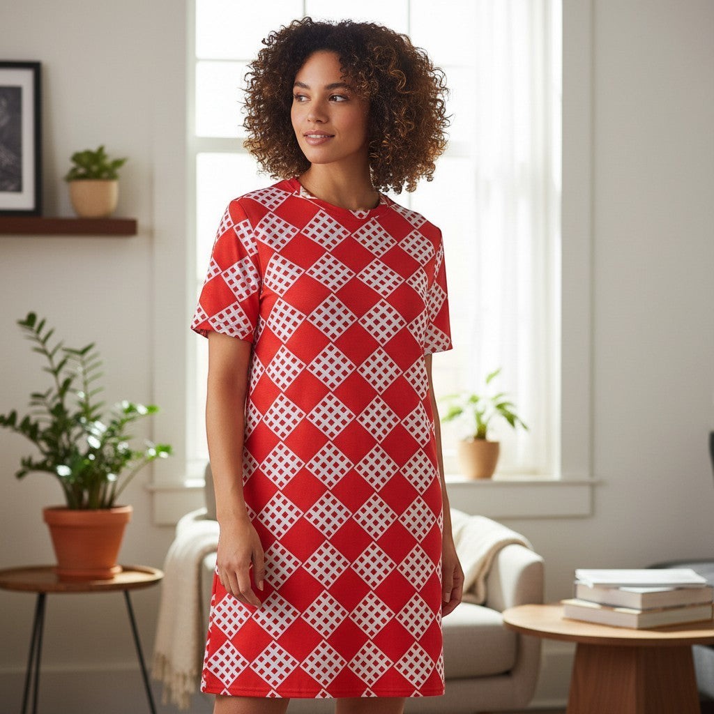 Good Wishes 365 Women's red and white diamond pattern t-shirt dress, relaxed fit, above the knee, front view.