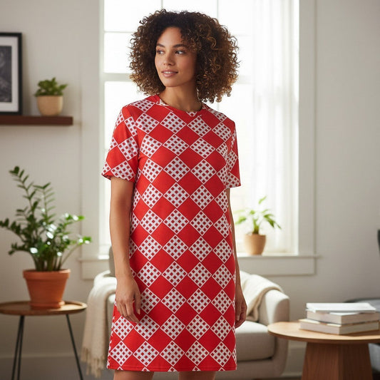 Good Wishes 365 Women's red and white diamond pattern t-shirt dress, relaxed fit, above the knee, front view.