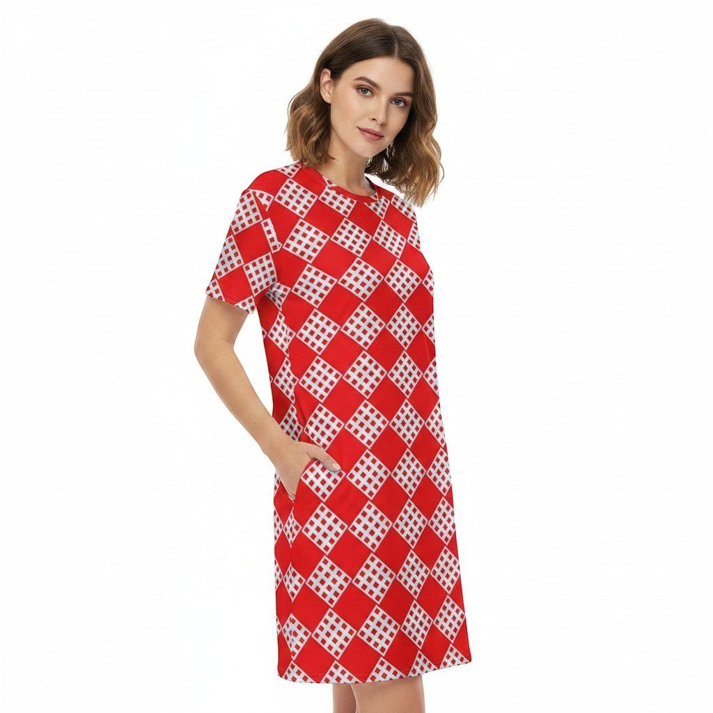 Good Wishes 365 Women's red and white diamond pattern t-shirt dress, mid-weight jersey, drop shoulders, above-the-knee length, right front view, white background.