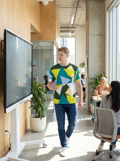 AI-generated mockup: A man in the 'Myrtle Green Abstract Triangles Crew Neck T-Shirt' is deeply focused, collaborating on