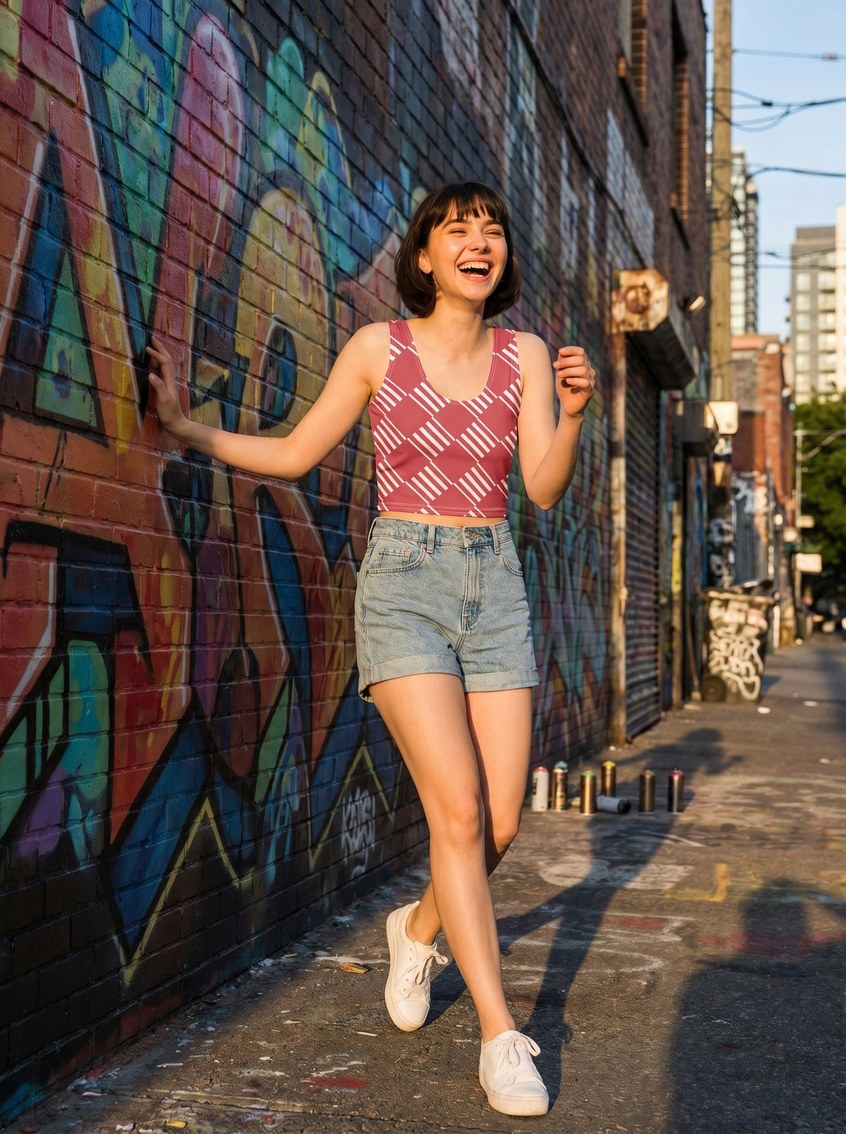 A young woman, styled with high-waisted denim shorts and sneakers, is captured mid-laugh as she lean